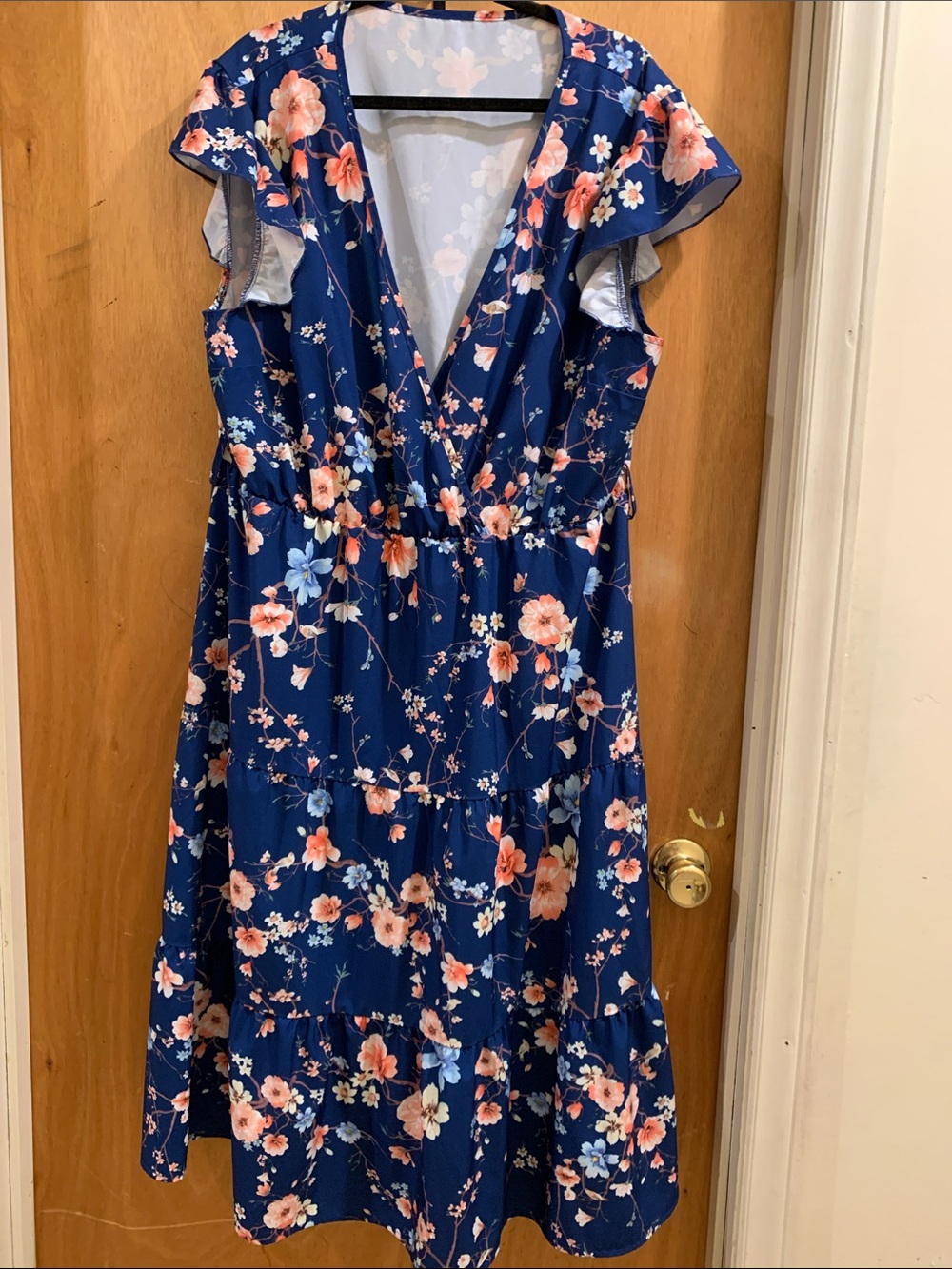 Women's Navy Floral Maxi Dress with Flutter Sleeves